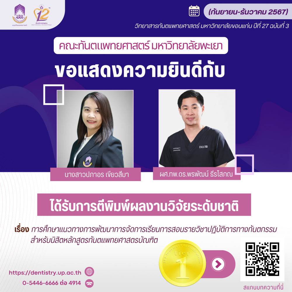 ขอแสดงความยินดีกับ นางสาวปภาอร เขียวสีมา และ ผศ.ทพ.ดร.พรพัฒน์ ธีรโสภณ ได้รับการตีพิมพ์ผลงานวิจัยระดับชาติ เรื่อง การศึกษาแนวทางการพัฒนาการจัดการเรียนการสอนรายวิชาปฏิบัติการทางทันตกรรมสำหรับนิสิตหลักสูตรทันตแพทยศาสตรบัณฑิต